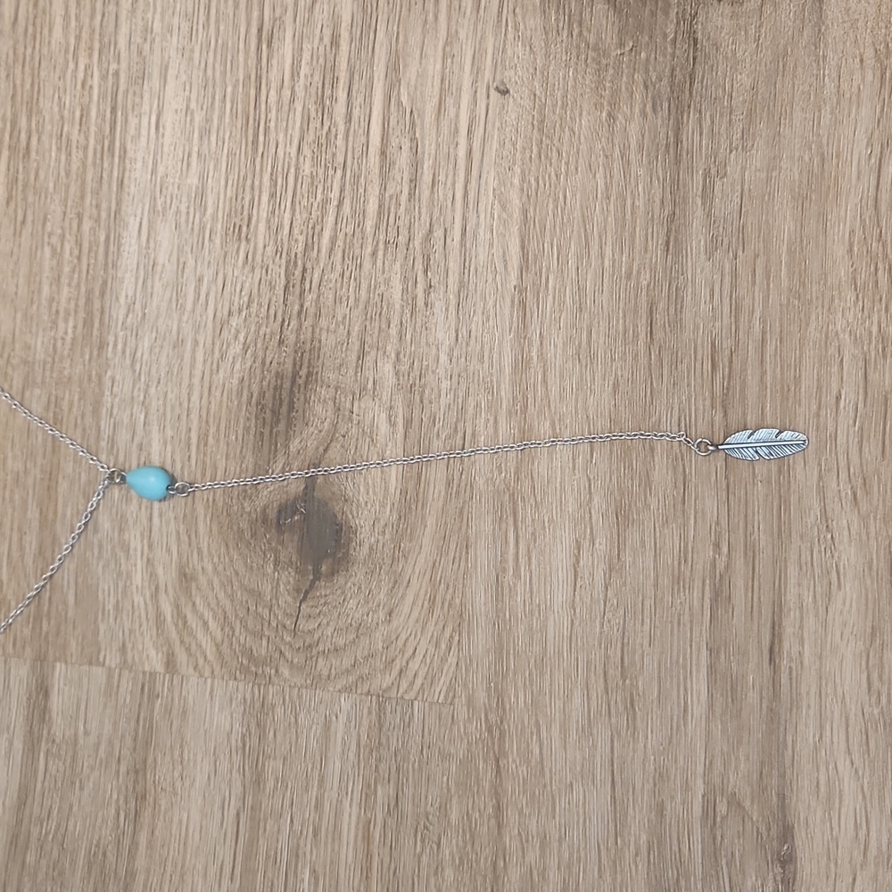 Turquoise Stone and Silver Feather Necklace - Picture 4 of 11